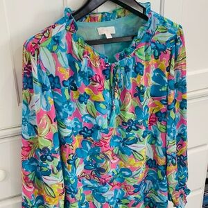 Belle by Kim Gravel Floral Peasant Blouse w/Vibrant Blues & Pinks 2X NWOT
